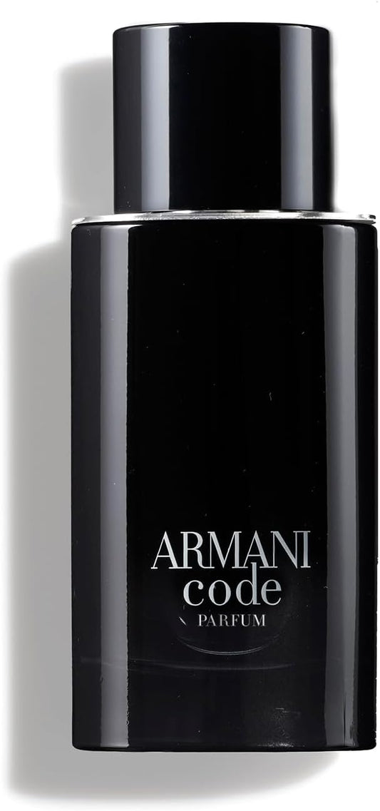 Armani Code X Parfum Cologne Bottle In Glossy Black With Silver Lettering Set Against A White Background With A Soft Shadow